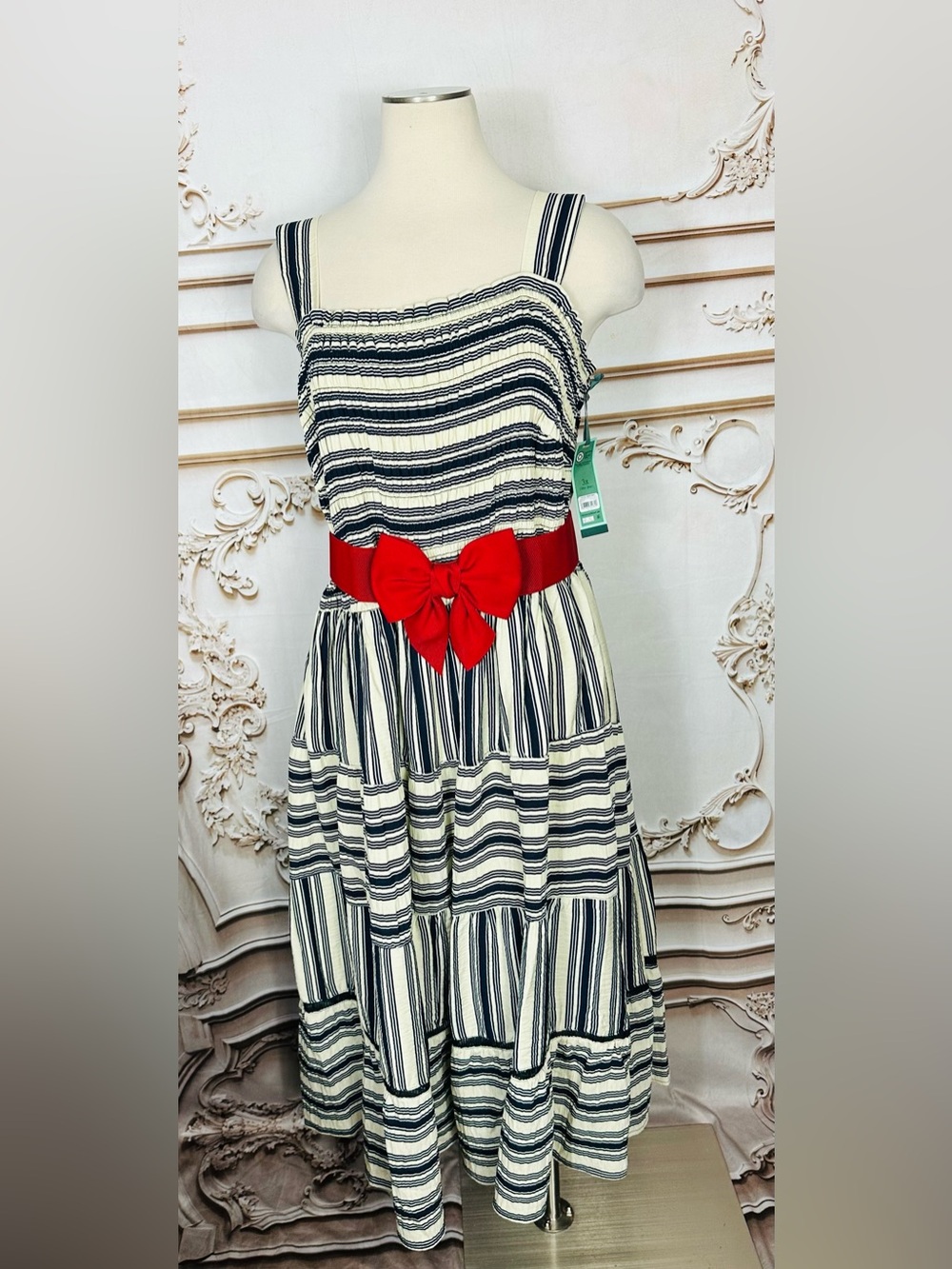 Terra & Sky Navy and White Striped Maxi with Red Bow Belt - Picture 2 of 11